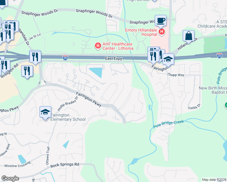 map of restaurants, bars, coffee shops, grocery stores, and more near 2855 Norfair Loop in Stonecrest
