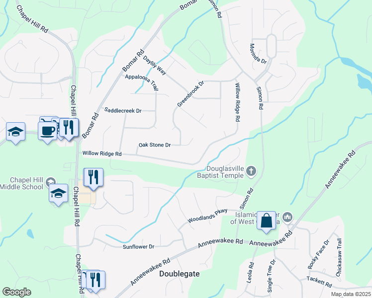 map of restaurants, bars, coffee shops, grocery stores, and more near 4030 Oak Stone Drive in Douglasville