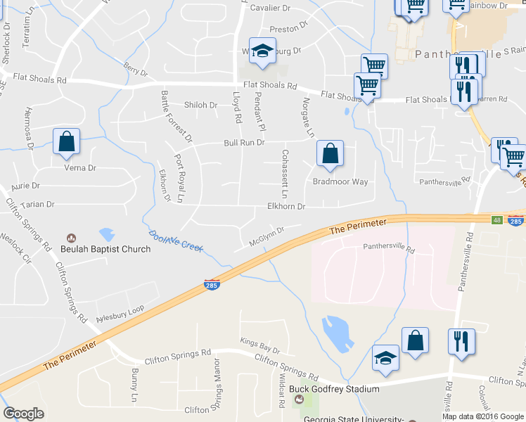 map of restaurants, bars, coffee shops, grocery stores, and more near 2595 Elkhorn Drive in Decatur