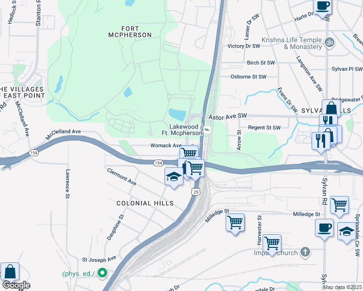 map of restaurants, bars, coffee shops, grocery stores, and more near Womack Avenue in East Point