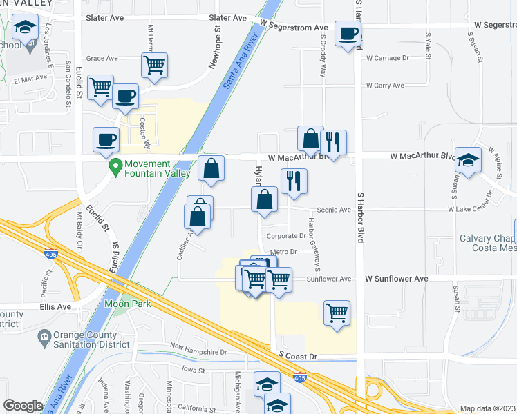 map of restaurants, bars, coffee shops, grocery stores, and more near 1600 Scenic Avenue in Costa Mesa