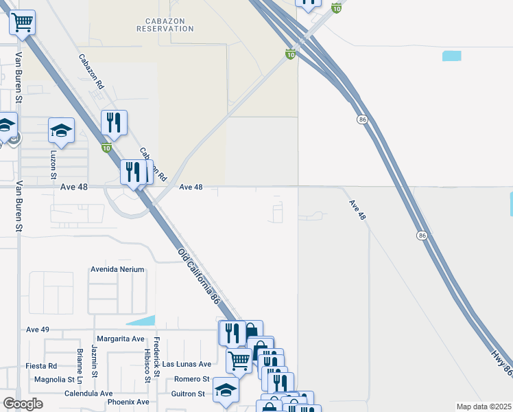 map of restaurants, bars, coffee shops, grocery stores, and more near 84845 Avenue 48 in Coachella