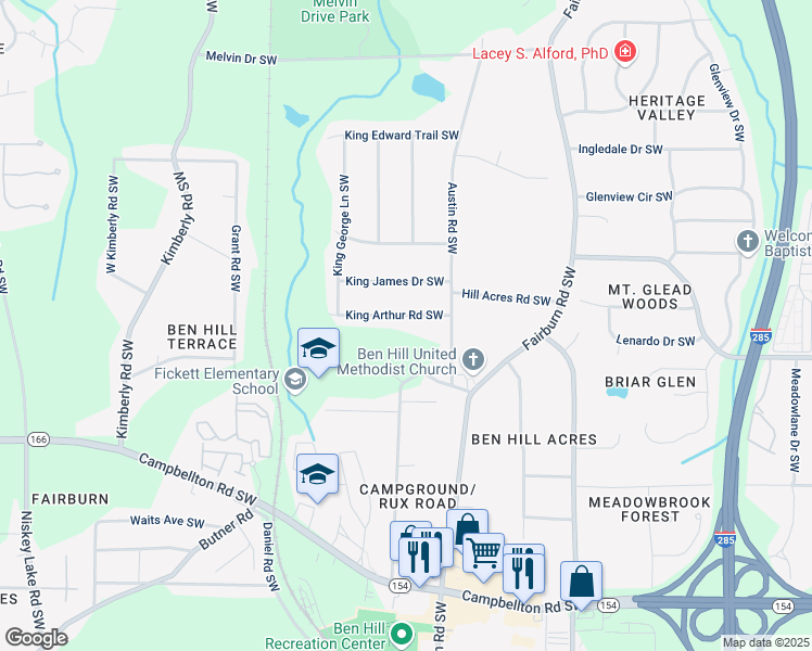 map of restaurants, bars, coffee shops, grocery stores, and more near 3814 King Arthur Road Southwest in Atlanta