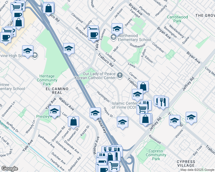 map of restaurants, bars, coffee shops, grocery stores, and more near 15310 Barranca Parkway in Irvine