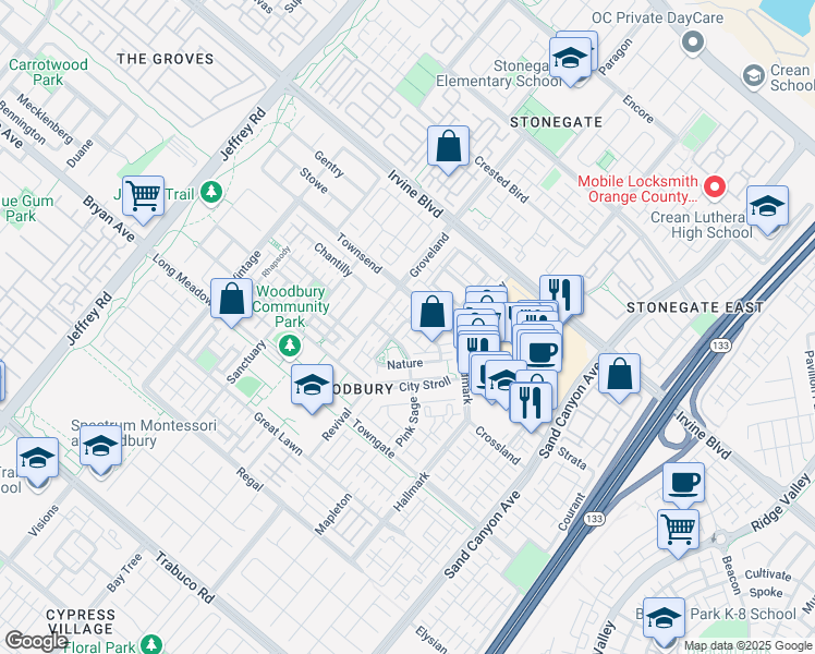 map of restaurants, bars, coffee shops, grocery stores, and more near 32 Arboretum in Irvine
