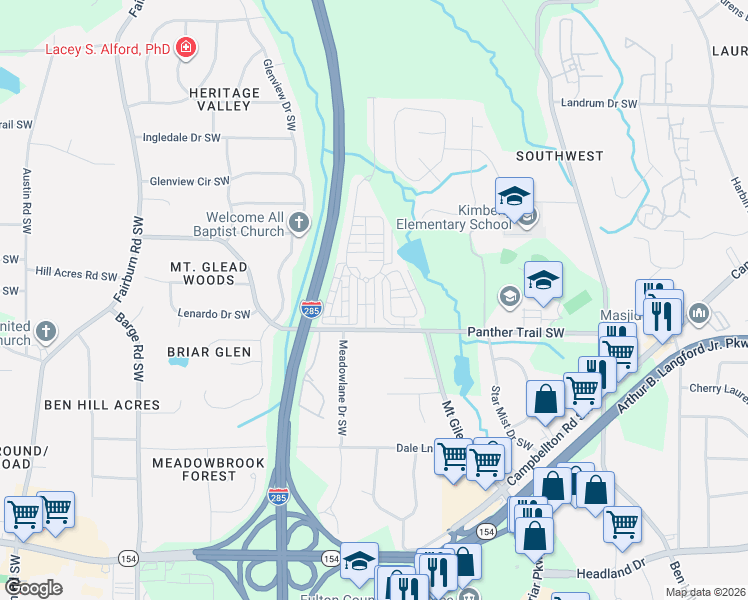 map of restaurants, bars, coffee shops, grocery stores, and more near 3255 Cascade Parc Boulevard Southwest in Atlanta