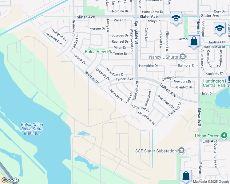 map of restaurants, bars, coffee shops, grocery stores, and more near 5801 Midway Drive in Huntington Beach