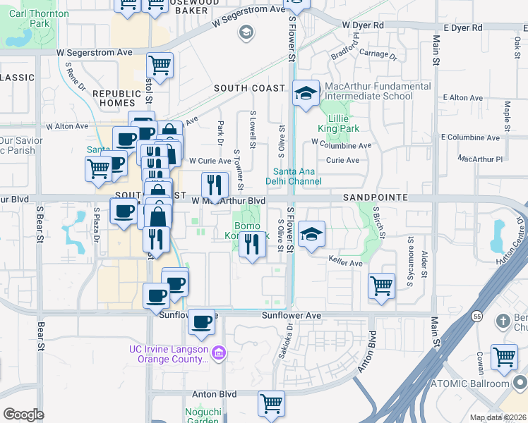 map of restaurants, bars, coffee shops, grocery stores, and more near 3610 Ramona Drive in Santa Ana