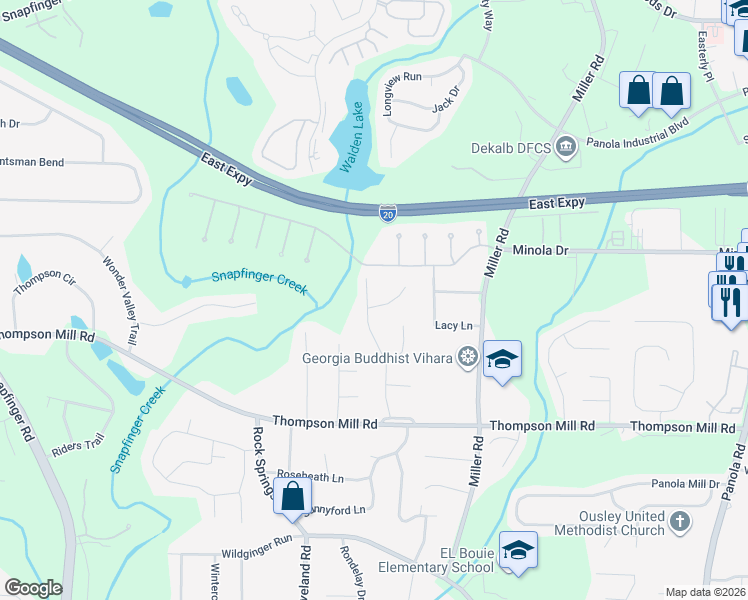 map of restaurants, bars, coffee shops, grocery stores, and more near 2932 Stratford Mill Road in Stonecrest