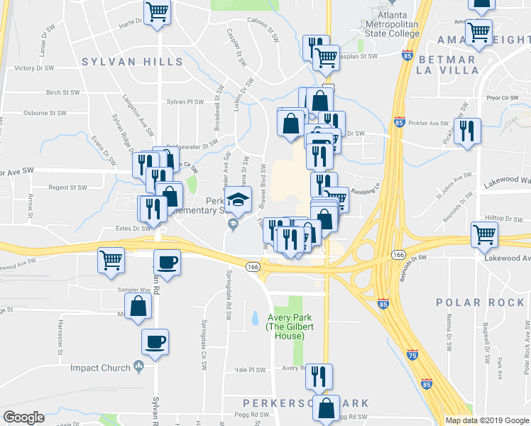map of restaurants, bars, coffee shops, grocery stores, and more near 2012 Brewer Boulevard Southwest in Atlanta