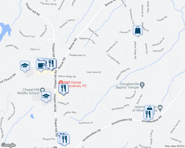 map of restaurants, bars, coffee shops, grocery stores, and more near 4110 Oak Stone Drive in Douglasville