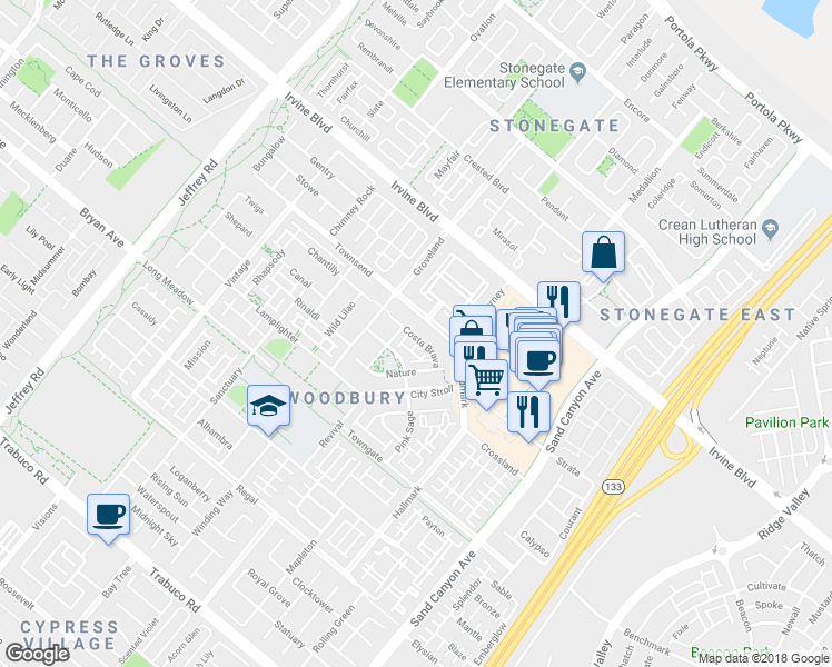map of restaurants, bars, coffee shops, grocery stores, and more near 53 Costa Brava in Irvine