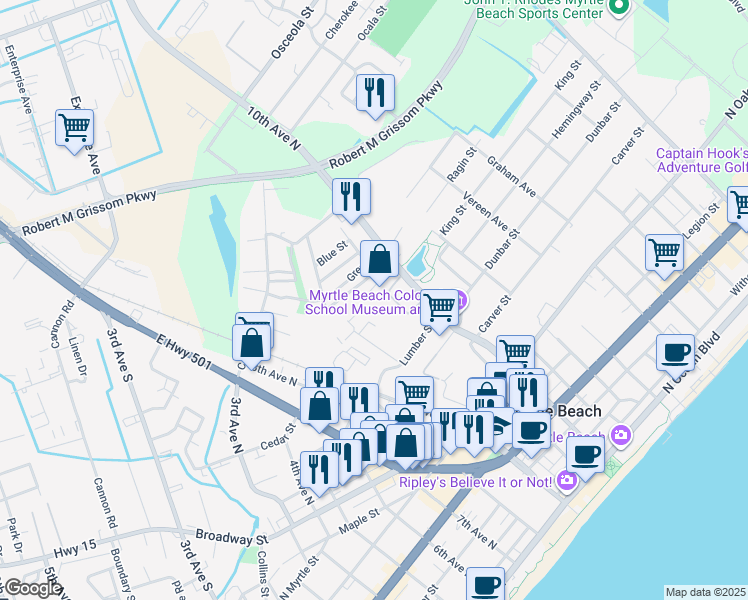 map of restaurants, bars, coffee shops, grocery stores, and more near 1203 Mr. Joe White Avenue in Myrtle Beach