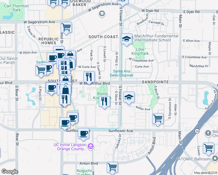 map of restaurants, bars, coffee shops, grocery stores, and more near 3610 Ramona Drive in Santa Ana