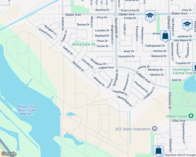map of restaurants, bars, coffee shops, grocery stores, and more near 5801 Midway Drive in Huntington Beach