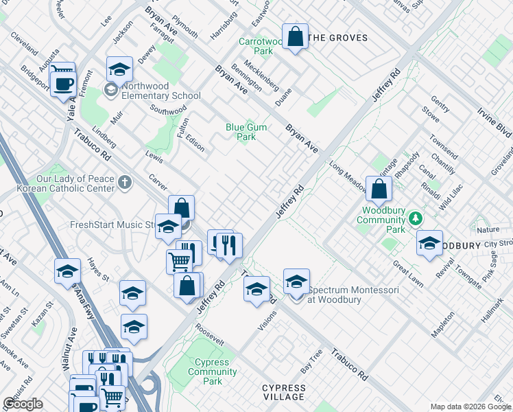 map of restaurants, bars, coffee shops, grocery stores, and more near 61 Crabapple in Irvine