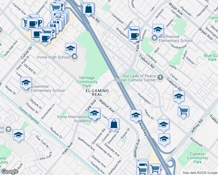 map of restaurants, bars, coffee shops, grocery stores, and more near 11 Sacramento in Irvine