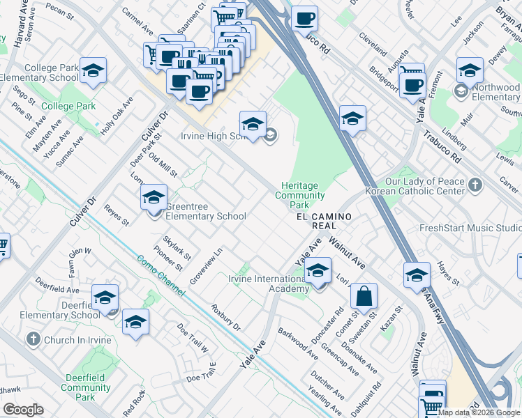 map of restaurants, bars, coffee shops, grocery stores, and more near 4522 Robinwood Circle in Irvine