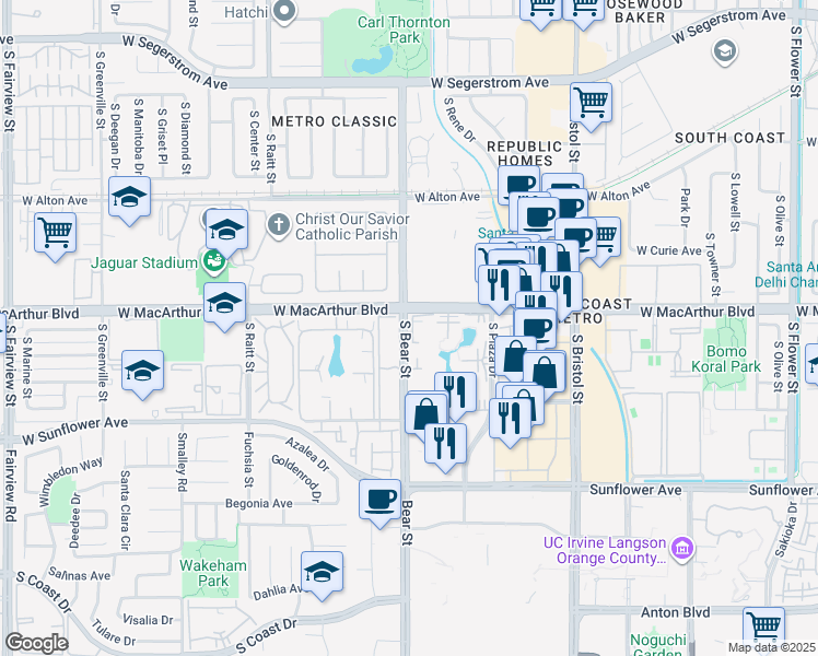map of restaurants, bars, coffee shops, grocery stores, and more near 3640 South Bear Street in Santa Ana