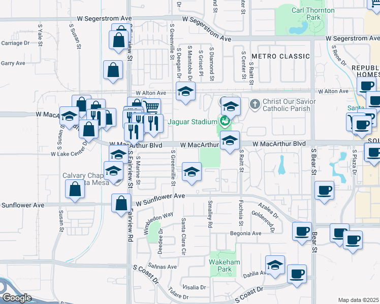 map of restaurants, bars, coffee shops, grocery stores, and more near 2528 West MacArthur Boulevard in Santa Ana
