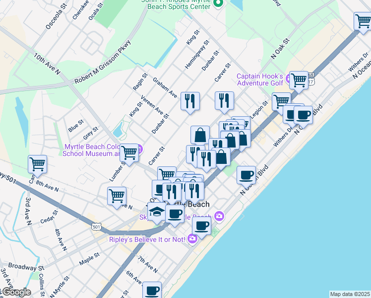 map of restaurants, bars, coffee shops, grocery stores, and more near 1311 Scarlet Lane in Myrtle Beach