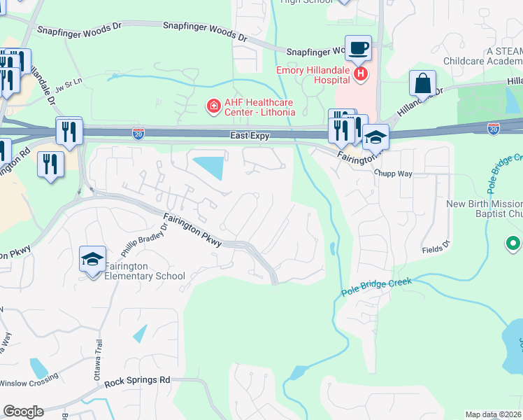 map of restaurants, bars, coffee shops, grocery stores, and more near 2842 Norfair Loop in Stonecrest