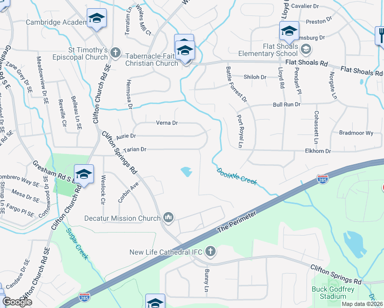 map of restaurants, bars, coffee shops, grocery stores, and more near 2977 Tarian Way in Decatur