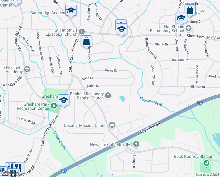map of restaurants, bars, coffee shops, grocery stores, and more near 2313 Tarian Drive in Decatur