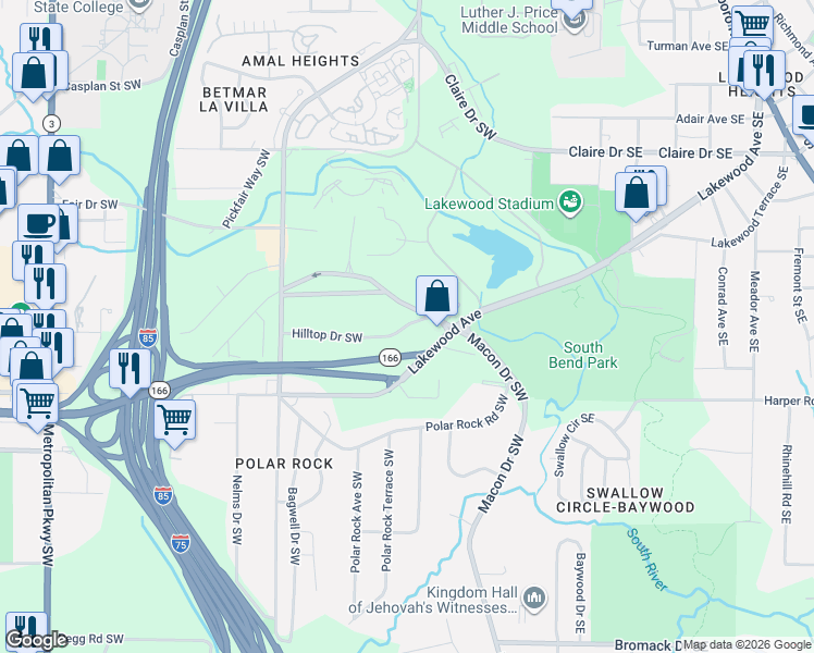 map of restaurants, bars, coffee shops, grocery stores, and more near 140 Hilltop Drive Southwest in Atlanta