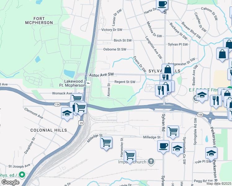 map of restaurants, bars, coffee shops, grocery stores, and more near 2 Lakewood Avenue Southwest in Atlanta