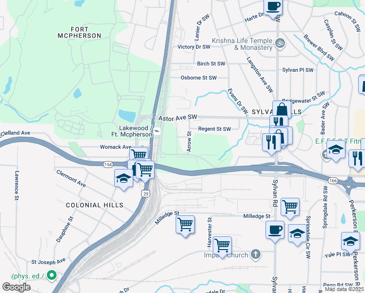 map of restaurants, bars, coffee shops, grocery stores, and more near 100 Arrow Street in Atlanta