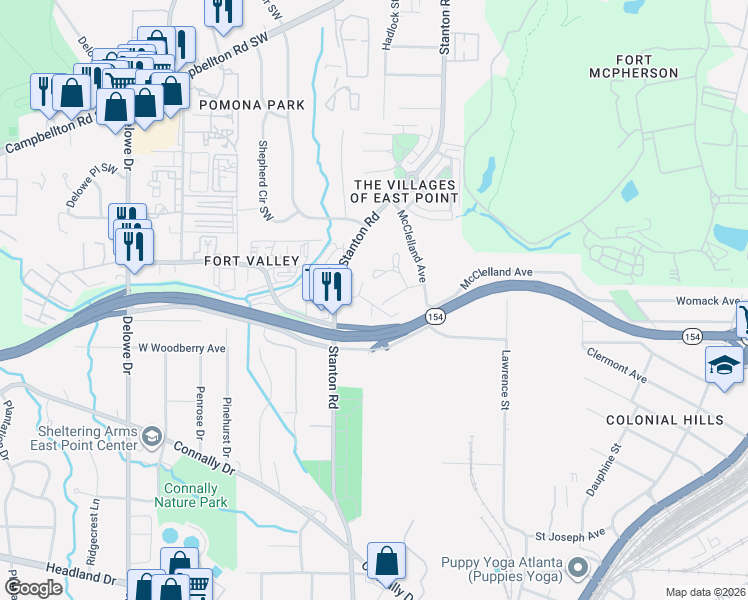 map of restaurants, bars, coffee shops, grocery stores, and more near 2040 Stanton Road in East Point
