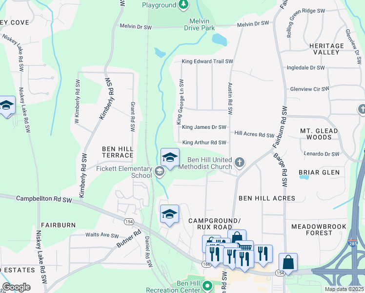 map of restaurants, bars, coffee shops, grocery stores, and more near 3874 King Arthur Road Southwest in Atlanta