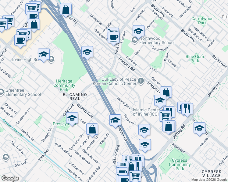 map of restaurants, bars, coffee shops, grocery stores, and more near in Irvine