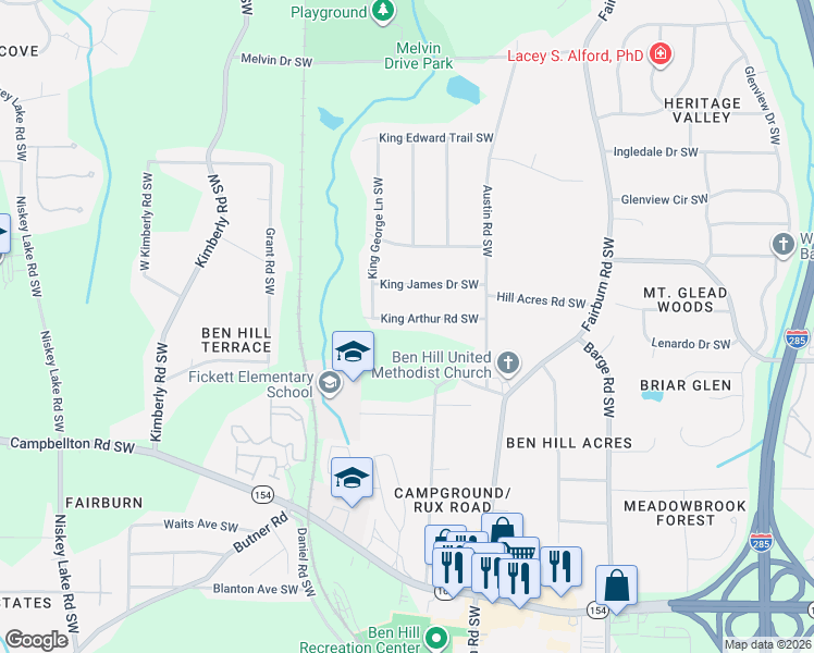 map of restaurants, bars, coffee shops, grocery stores, and more near 3874 King Arthur Road Southwest in Atlanta