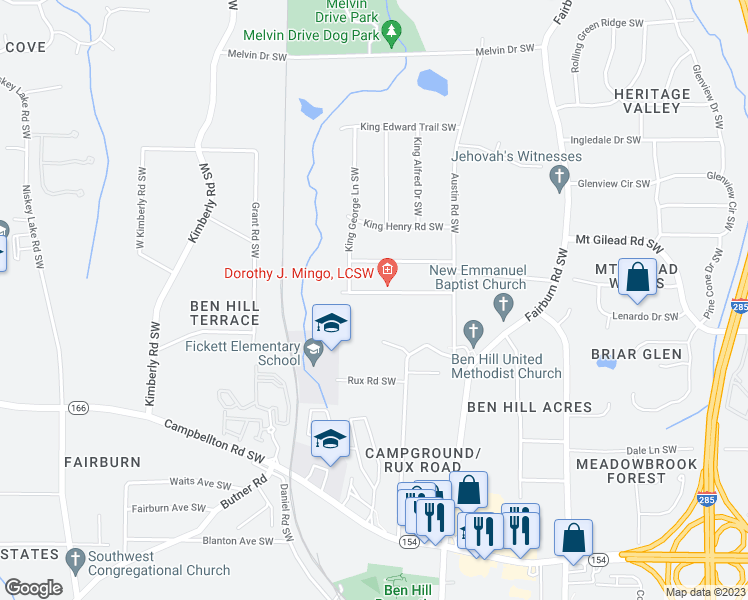 map of restaurants, bars, coffee shops, grocery stores, and more near 3874 King Arthur Road Southwest in Atlanta