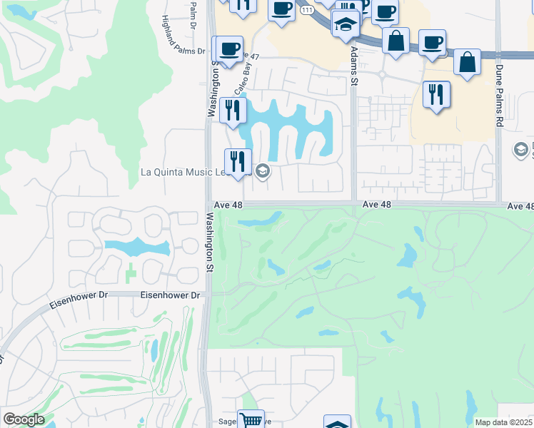 map of restaurants, bars, coffee shops, grocery stores, and more near 78745 Descanso Lane in La Quinta