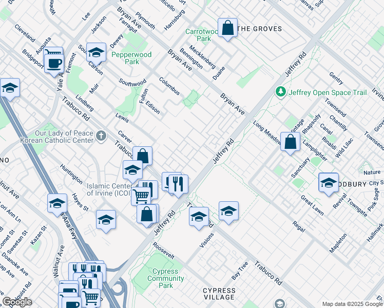 map of restaurants, bars, coffee shops, grocery stores, and more near 57 Wonderland in Irvine