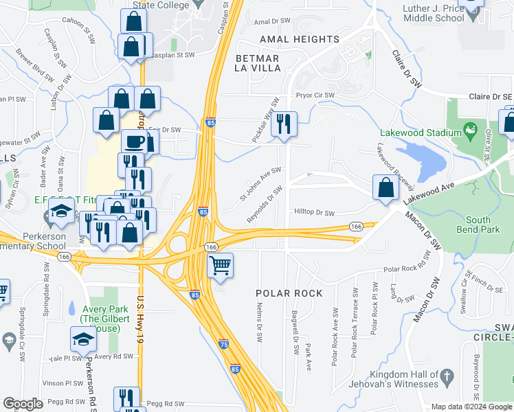 map of restaurants, bars, coffee shops, grocery stores, and more near 2019 Reynolds Drive Southwest in Atlanta