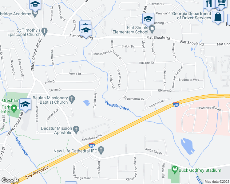 map of restaurants, bars, coffee shops, grocery stores, and more near 2461 Elkhorn Drive in Decatur