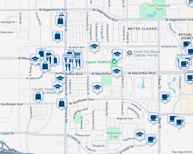 map of restaurants, bars, coffee shops, grocery stores, and more near 2528 West MacArthur Boulevard in Santa Ana