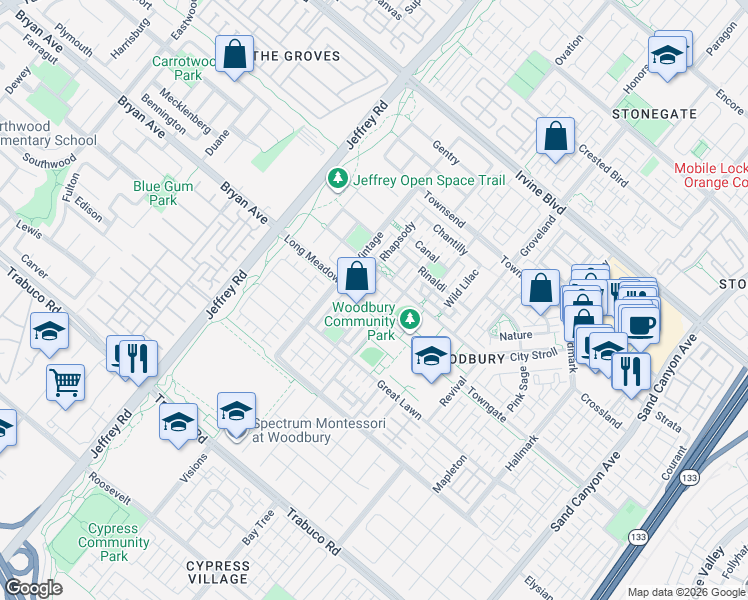 map of restaurants, bars, coffee shops, grocery stores, and more near 119 Spanish Lace in Irvine