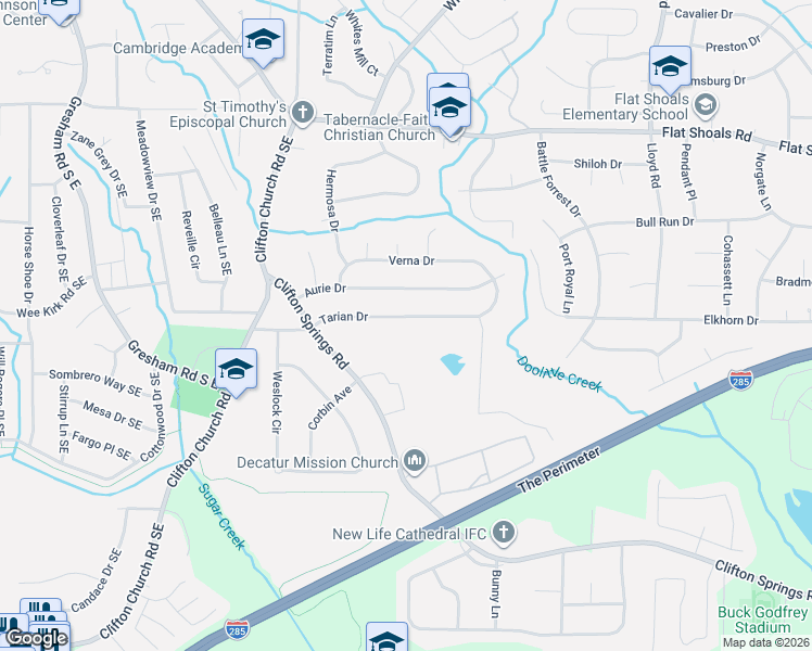 map of restaurants, bars, coffee shops, grocery stores, and more near 2313 Tarian Drive in Decatur