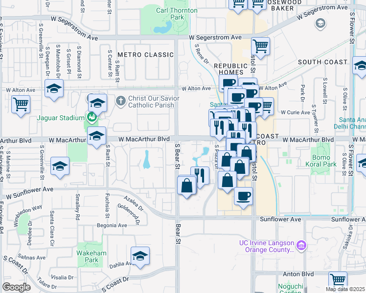 map of restaurants, bars, coffee shops, grocery stores, and more near 3683 South Bear Street in Santa Ana
