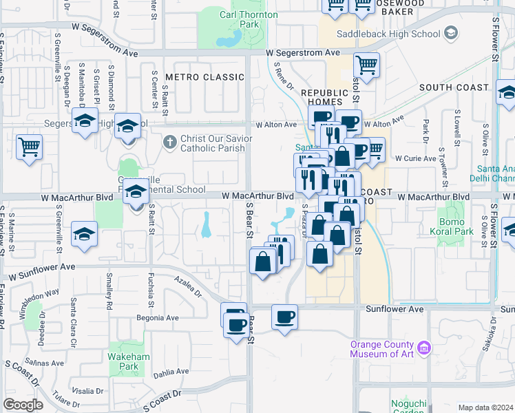 map of restaurants, bars, coffee shops, grocery stores, and more near 3621 South Bear Street in Santa Ana