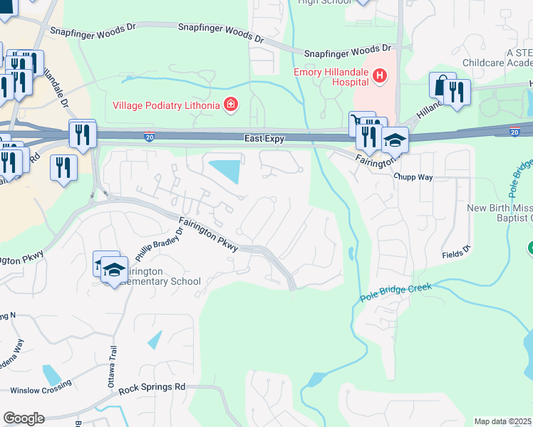 map of restaurants, bars, coffee shops, grocery stores, and more near 2853 Norfair Loop in Lithonia
