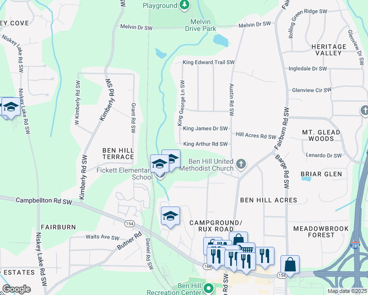 map of restaurants, bars, coffee shops, grocery stores, and more near 3874 King Arthur Road Southwest in Atlanta