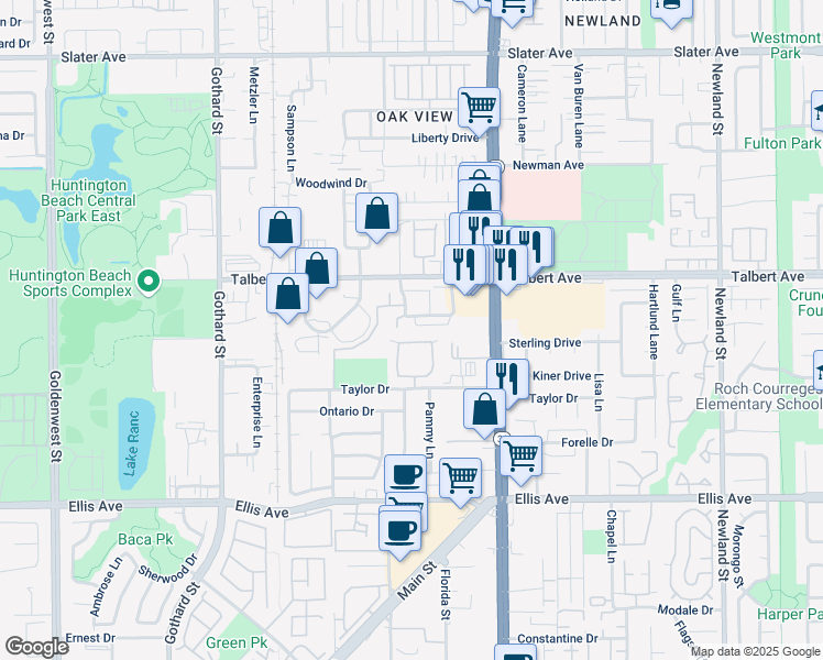 map of restaurants, bars, coffee shops, grocery stores, and more near 18145 Alice Lane in Huntington Beach