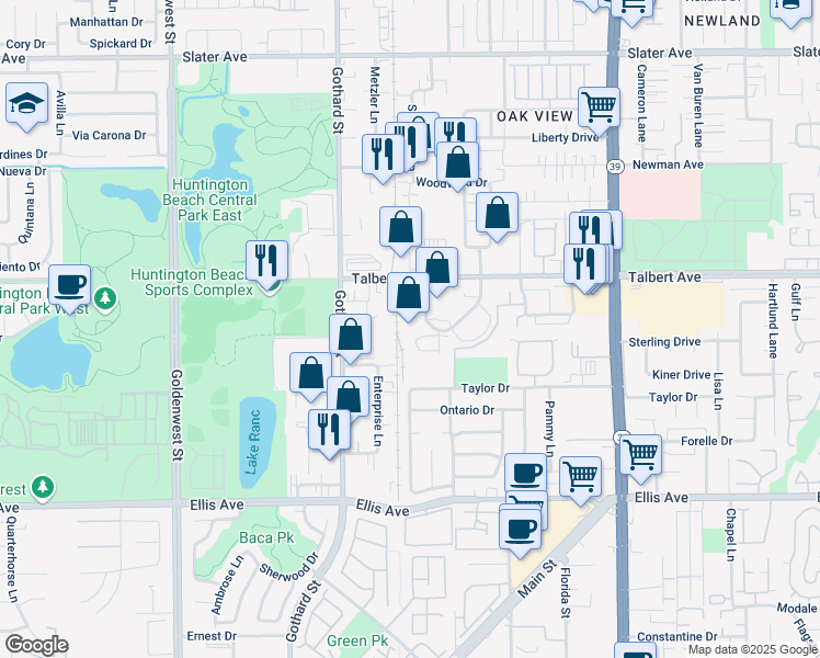 map of restaurants, bars, coffee shops, grocery stores, and more near 18101 Redondo Circle in Huntington Beach