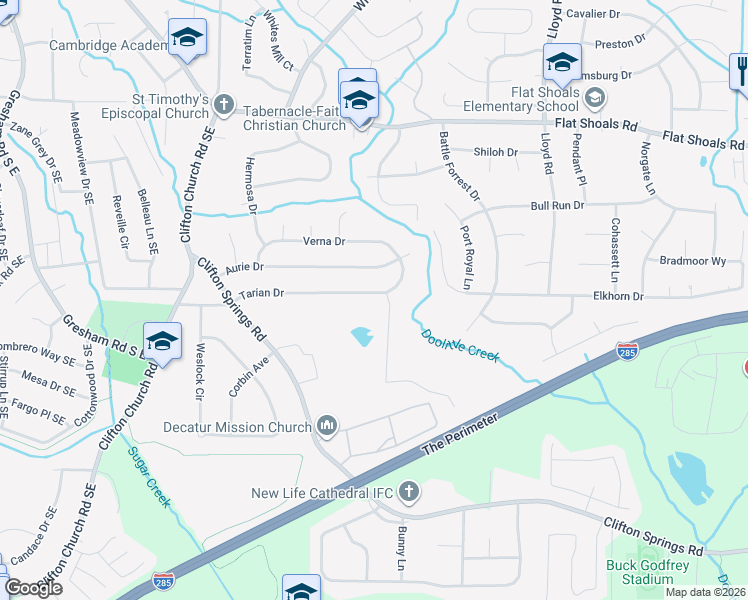 map of restaurants, bars, coffee shops, grocery stores, and more near 2977 Tarian Way in Decatur